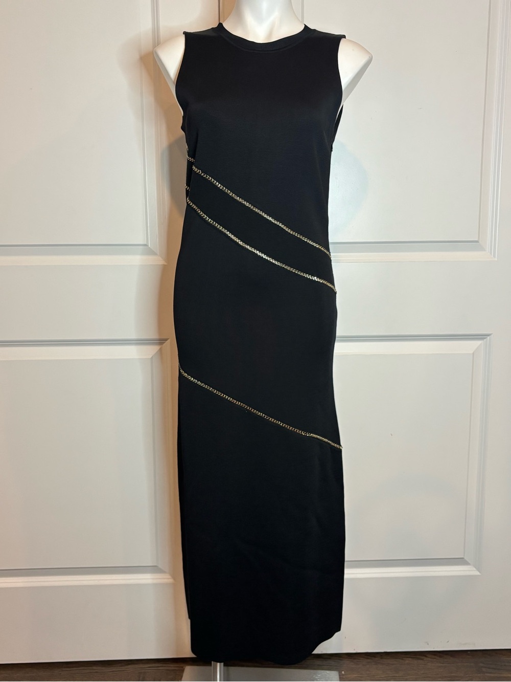 Nina Ricci Black Wool Blend Knit Gold Chain Sleeveless Maxi Dress M
